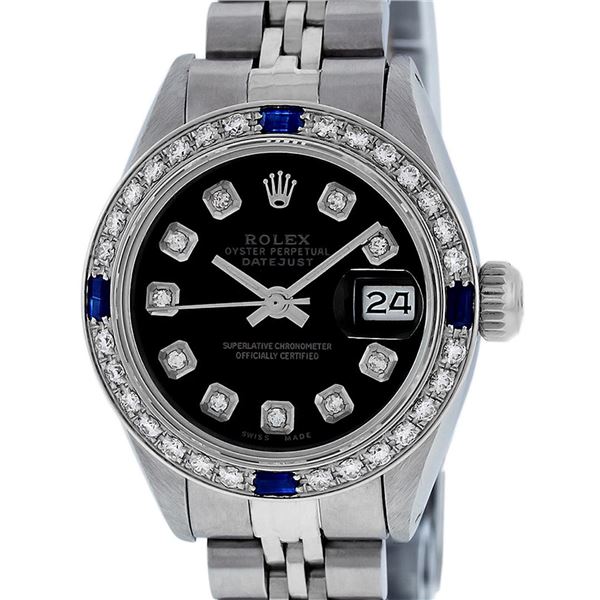 Rolex Ladies Stainless Steel Black Diamond And Sapphire Wristwatch