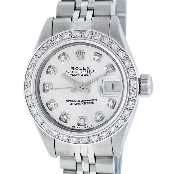 Rolex Ladies Stainless Steel Silver Diamond Bezel Wristwatch