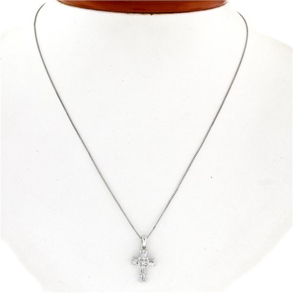 Petite 18K White Gold .37 ctw Round & Baguette Cut Diamond Cross Pendant w/ Chai