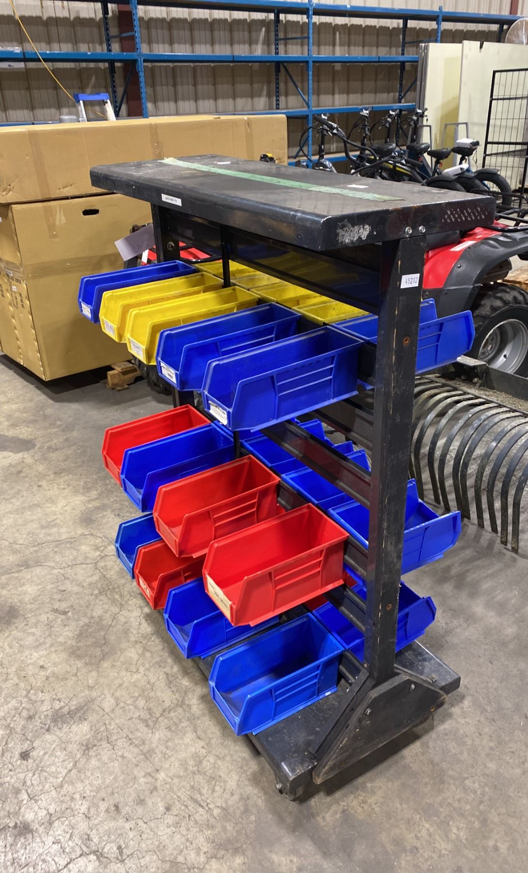 LARGE BLACK METAL MOBILE INDUSTRIAL PARTS RACK WITH ASSORTED PLASTIC ...