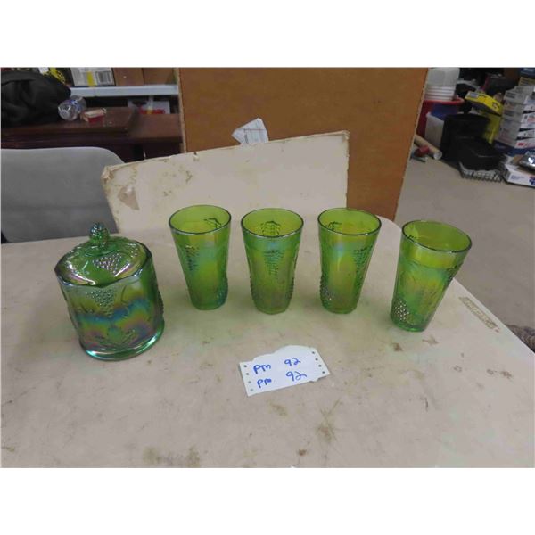 Carnival Glass Covered Dish + 4 Glasses