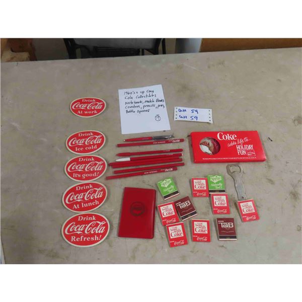 1960s + Up Coca-Cola Collectibles ; Notebook, Matchbooks, Coasters, Pencils, 