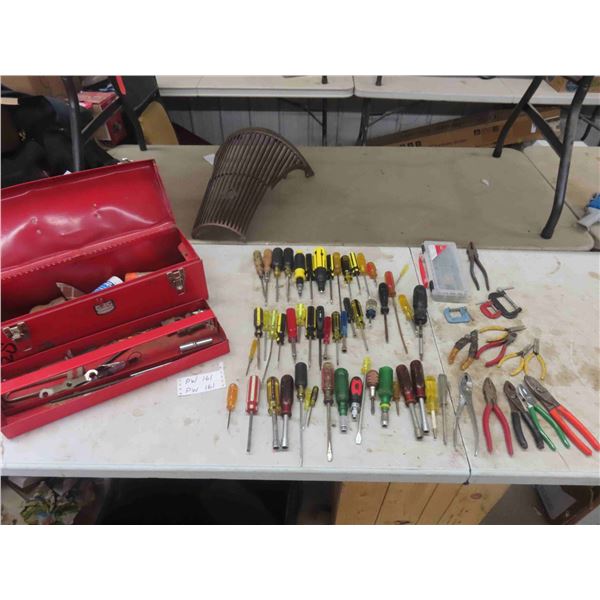 Hand Tools ; (50) Screwdrivers, Clamps, Pliers, Nut Drivers, Bit Set, Metal Tool Box