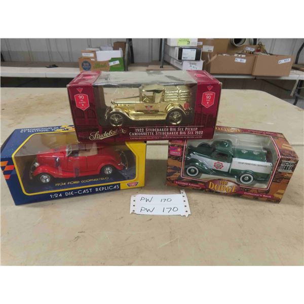 3 New Die cast 1:24 Scale 1936 Dodge Collector Bank, 1934 Ford Convertible +