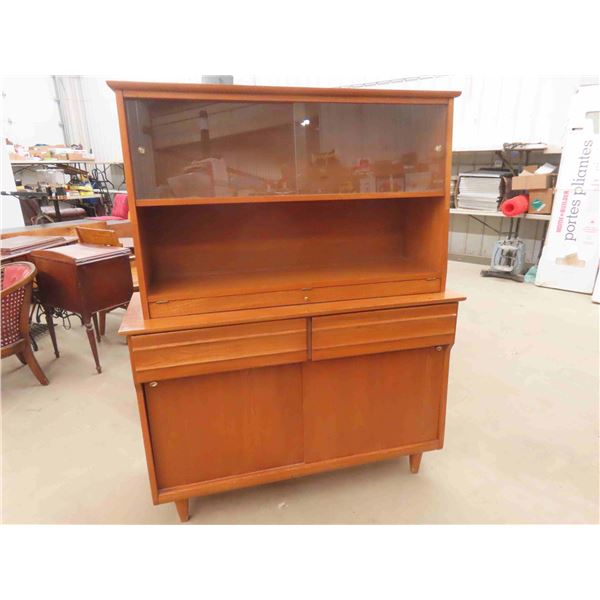 2pc Krug Brothers Teak Credenza + Hutch with Sliding Glass Doors 18  x 48  x 60.25  