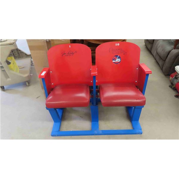 Set of 2 WPG Arena Seats - Leather Seats Signed by Bobby Hull/ Joe Daley -