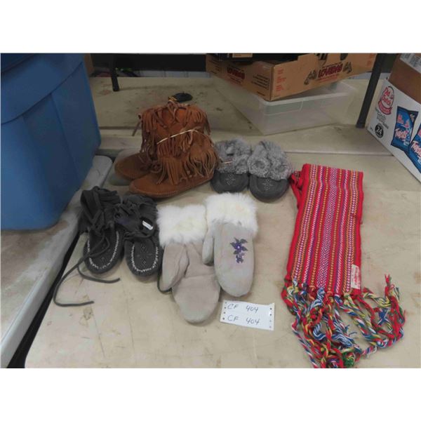 Rubber Soled Mukluks Sz 8, Ankle Height Moccasin Sz 8, Sz 6 Slipper, Mitts + Sash