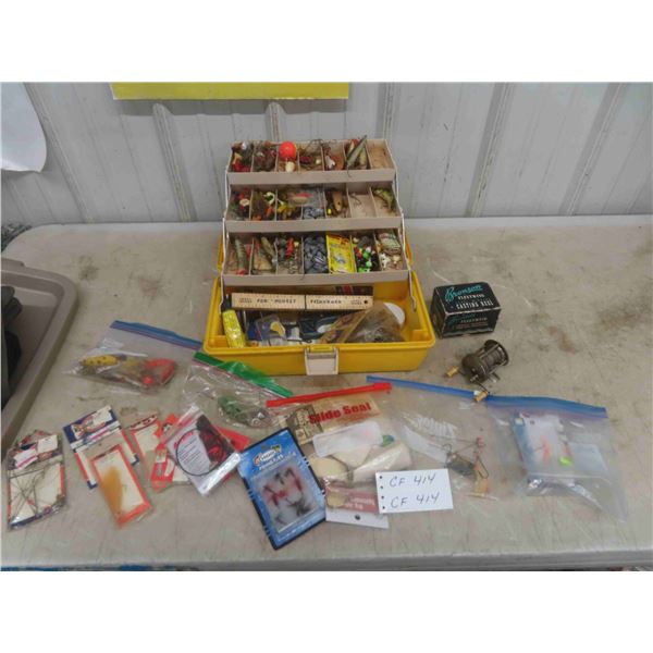 Tackle Box Full of ; Lures, Line, Hooks, Weights, Pickerel Rigs, Jigs, 2 Reels