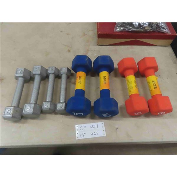 8 Dumbbells ; 4 Neoprene ; (2) 10lb + (2) 8lb & 4 Steel : (2) 5lb + (2) 3lb