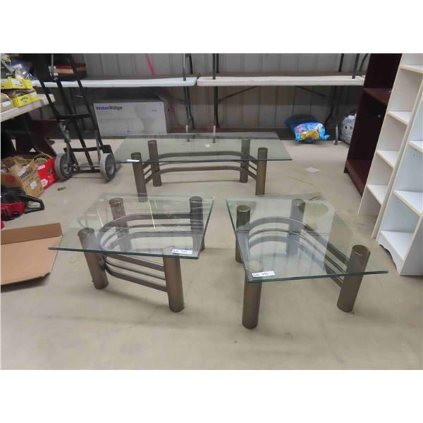 3 pc Glass Top Table Set ; Coffee Table 16  x 26  x 52  & (2) End Tables 14  x 23  x 28  