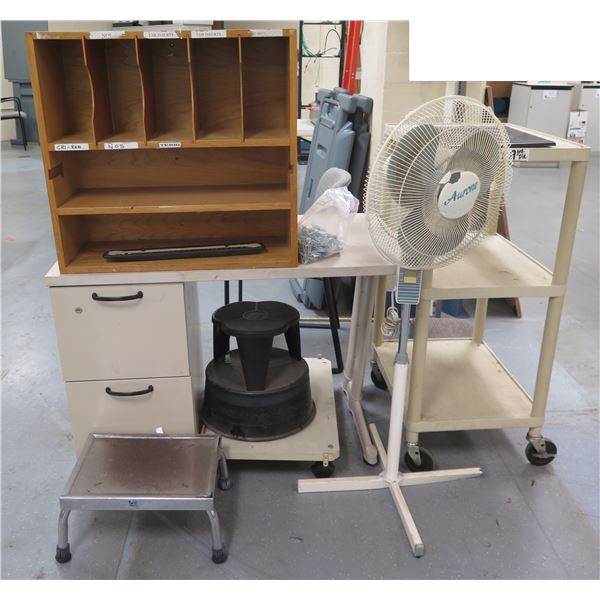 Rolling 2-Tier Metal Cart, Desk w/ 2 Drawers, Step-Stools, Wooden Organizer, Floor Fan, etc