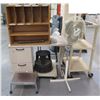 Image 1 : Rolling 2-Tier Metal Cart, Desk w/ 2 Drawers, Step-Stools, Wooden Organizer, Floor Fan, etc