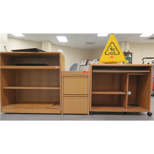 Qty 2 Wooden Open Shelving Units & 2-Drawer Filing Cabinet w/ Collapsible Caution Sign