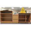 Image 1 : Qty 2 Wooden Open Shelving Units & 2-Drawer Filing Cabinet w/ Collapsible Caution Sign