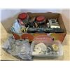 Image 1 : BOX OF VARIOUS TOOLS, HARDWARE, ASSORTED OF DOOR KNOBS SOME W/ LOCKS, ETC