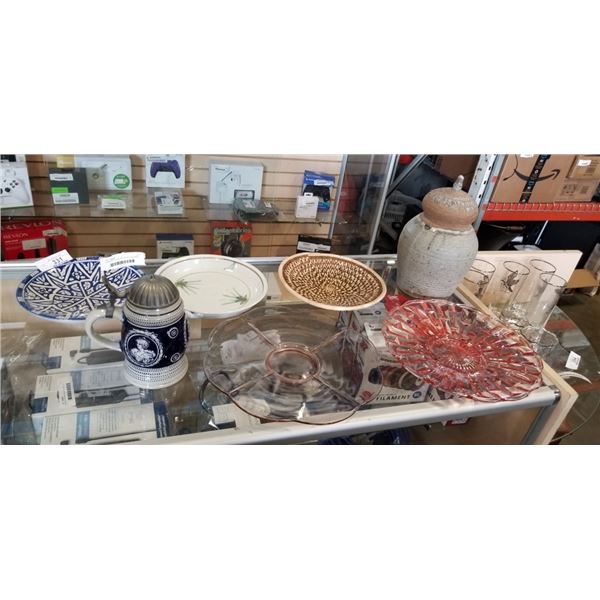 CRANBERRY GLASS AND OTHER PLATTERS, GERMAN STEIN, AND LIDDED VASE