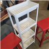 Image 2 : 2 RED SADDLE STOOLS, AND PLASTIC SHELF