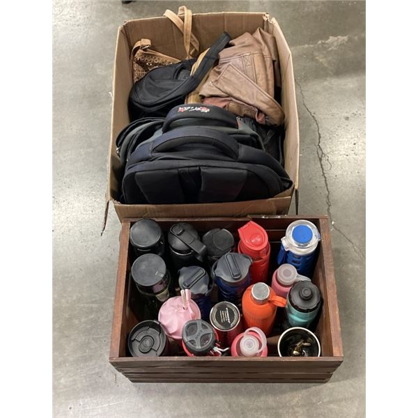 BOX OF BAGS AND PURSES, AND TOTE OF WATERBOTTLES