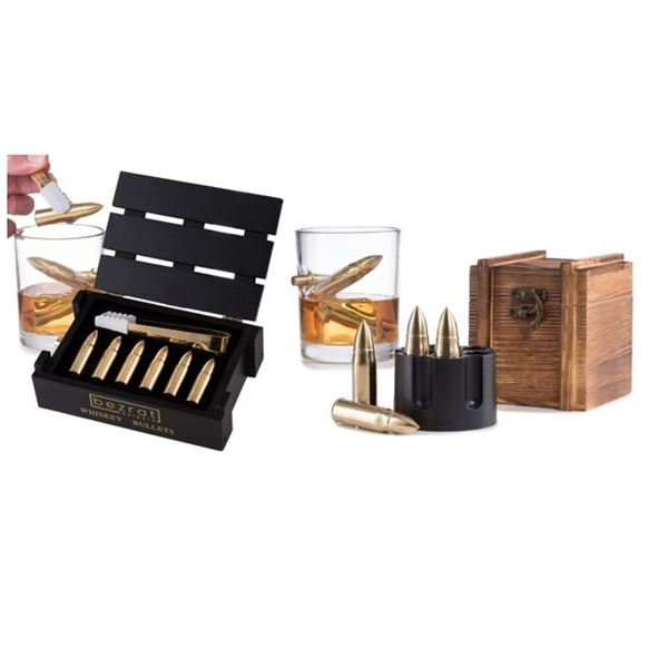 2 NEW WHISKEY BULLET STONE GIFT SETS, EACH COMES WITH 6 BULLETS ONE SET INCLUDES TONGS