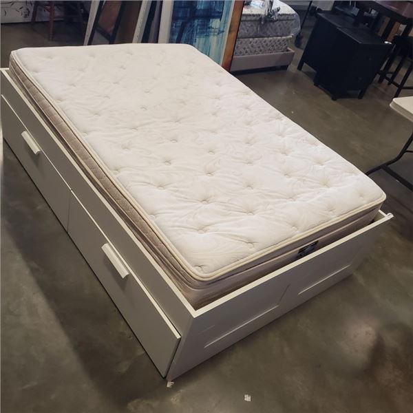 WHITE QUEENSIZE BEDFRAME WITH STORAGE DRAWERS, AND PERFORMANCE QUEENSIZE MATTRESS