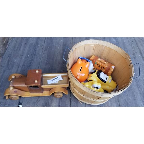 VINTAGE FRUIT BASKET, PIGGY BANKS AND WOODEN TOY TRUCK