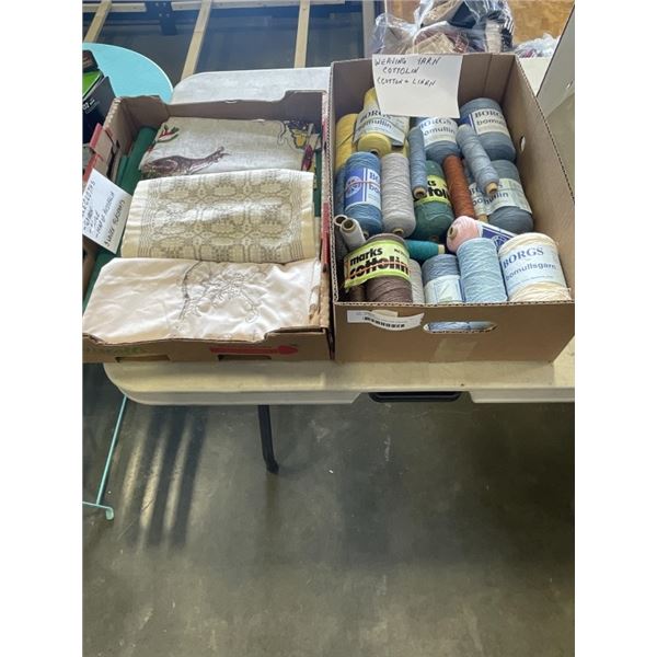 TRAY OF WEAVING YARN AND VINTAGE TABLE CLOTHS