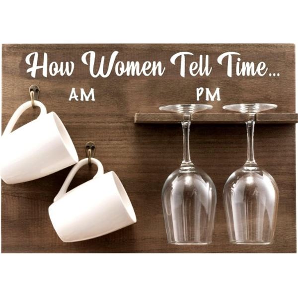 NEW WINE RACK WITH 2 WINE GLASSES AND 2 MUGS - HOW WOMEN TELL TIME, RETAIL $69