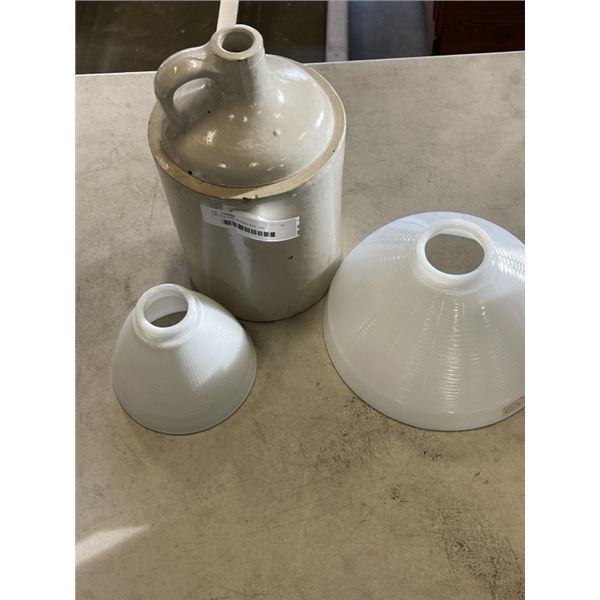 2 MILK GLASS SHADES AND JUG