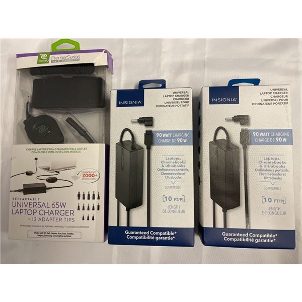 AS NEW UNIVERSAL RETRACTABLE LAPTOP CHARGERS  AND 2  90 WATT UNIVERSAL LAPTOP CHARGERS TOTAL RETAIL 