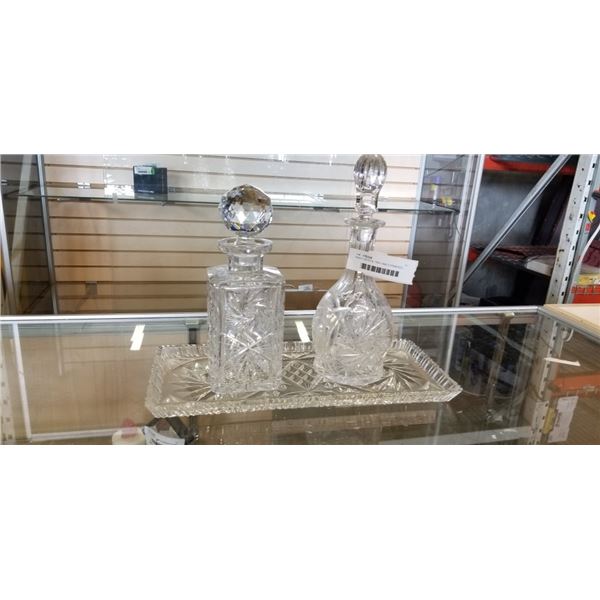 HEAVY CRYSTAL TRAY AND 2 PINWHEEL CRYSTAL DECANTERS - TRAY HAS SOME CHIPS