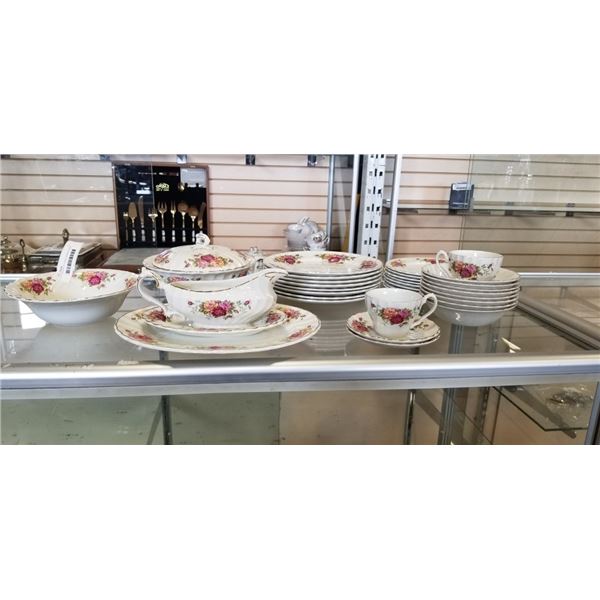 33 PIECES MYOTT "ROSE GARDEN" CHINA - 2 CUPS AND SAUCERS, 4 SERVING DISHES, GRAVY BOAT, 8 LUNCHEON P