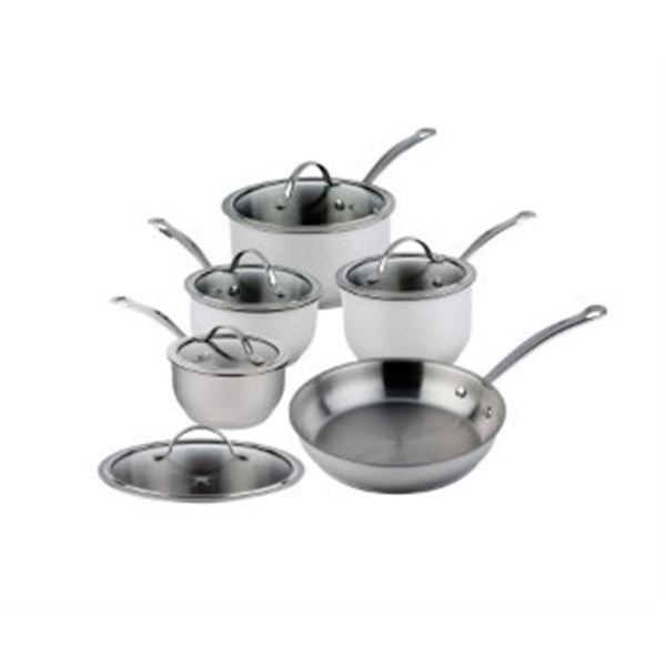 OPEN BOX, UNUSED MEYER NOUVELLE 10PC STAINLESS COOKWARE SET, RETAIL $599