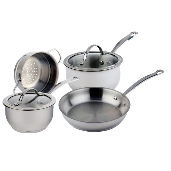 OPEN BOX, UNUSED MEYER NOUVELLE 6PC STAINLESS COOKWARE SET, RETAIL $469