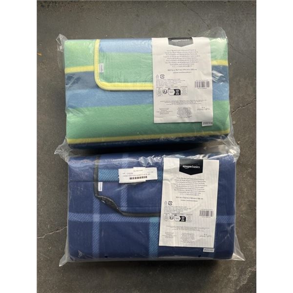 2 BRAND NEW PICNIC BLANKETS, RETAIL $25 EACH, TOTAL VALUE $50, 1 BLUE, 1 GREEN