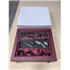 Image 1 : 2 BRAND NEW WINE GIFT BOXES - 2 BOTTLE WINE BOX W/ CORKSCREW, 3 BOTTLE STOPPERS, THERMOMETER, POURER