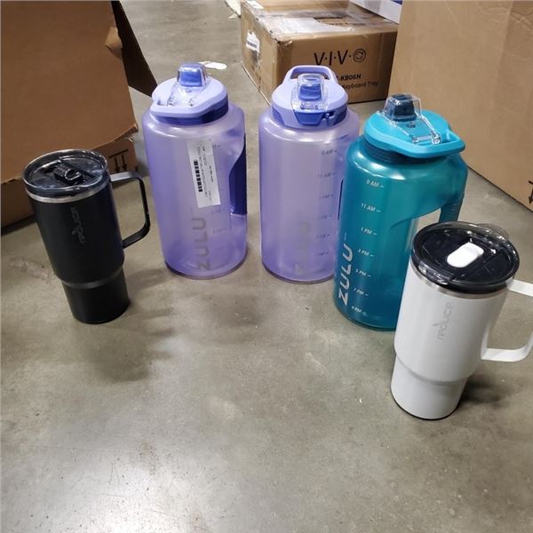 3 ZULU HALF GALLON WATER BOTTLES AND 2 REDUCE INSULATED TRAVEL MUGS