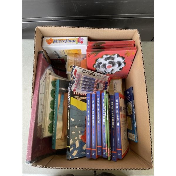 BOX OF AMAZON ITEMS - BOOKS, NEW EYE LASH KITS, MICROWAVE FLOWER CRAFT, ETC