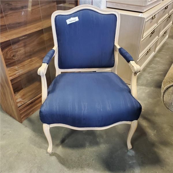 FRENCH PROVINCIAL RE-UPHOLSTERED BLUE FABRIC ARM CHAIR