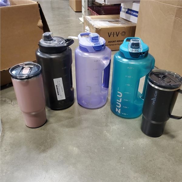 3 ZULU HALF GALLON WATER BOTTLES AND 2 REDUCE INSULATED TRAVEL MUGS