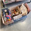 Image 1 : 3 BOXES OF COLLECTIBLES - DECORATIVE MASKS, FISH FIGURES, VASES, ETC, AND ASSORTED POTTERY