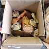 Image 3 : 3 BOXES OF COLLECTIBLES - DECORATIVE MASKS, FISH FIGURES, VASES, ETC, AND ASSORTED POTTERY