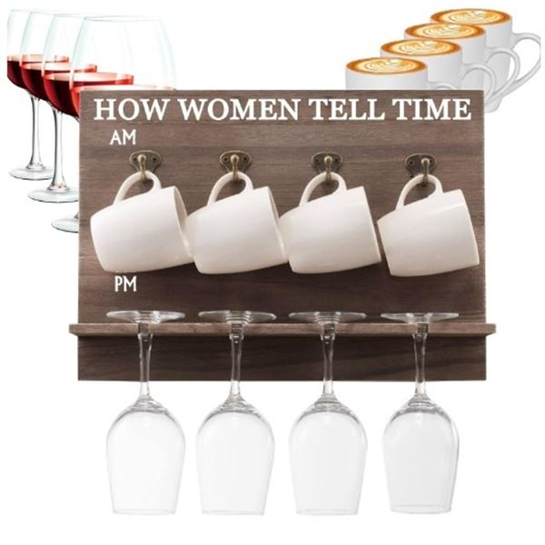 NEW WINE RACK WITH 4 WINE GLASSES AND 4 MUGS - HOW WOMEN TELL TIME, RETAIL $74