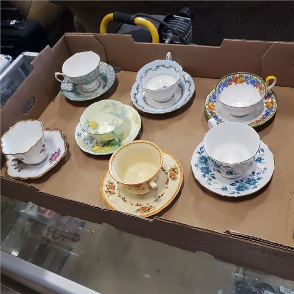 7 CUPS AND SAUCERS - ROAL ALBERT, QUEEN ANNE, GRASDENER, GRAFTON, ANYSLEY