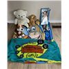 Image 1 : Toy Story (5' X 6 ½') Blanket & Simpsons (3' x 5') Snuggle Blanket with stuffies. Bear has a few sta