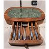Image 1 : Wood & granite cheese chest & utensils.