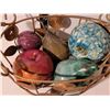 Image 2 : Metal basket of stone fruit. Apple trinket container.