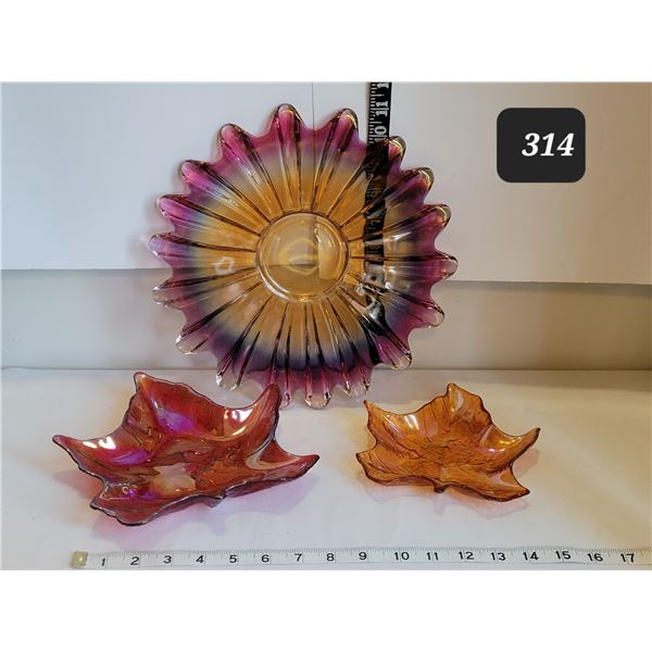 Maple leaf carnival glass dishes.