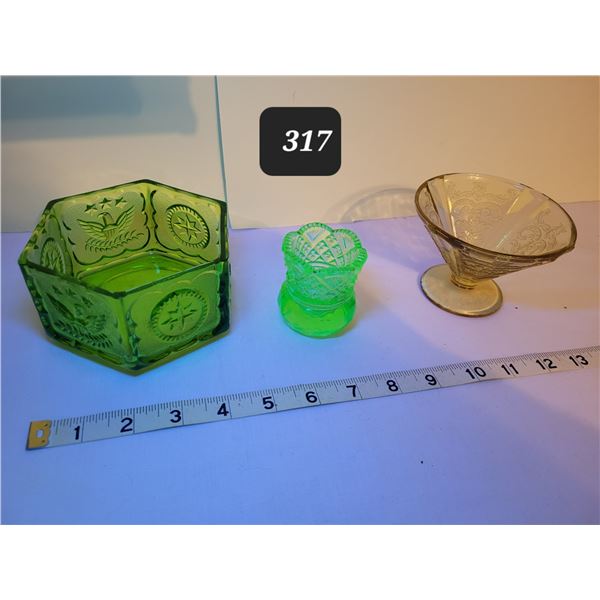 Depression glass fruit nappe, green candy dish & small uranium glass