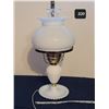 Image 1 : White hobnail milk glass lamp with hurricane shade inside.