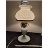 Image 2 : White hobnail milk glass lamp with hurricane shade inside.